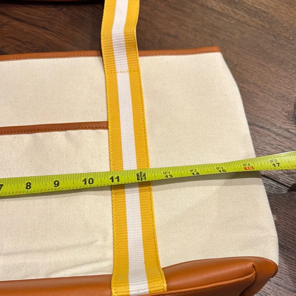 Stylish Canvas Cream and Tan Tote Bag with striped yellow/ white straps NWOT - Picture 6 of 9